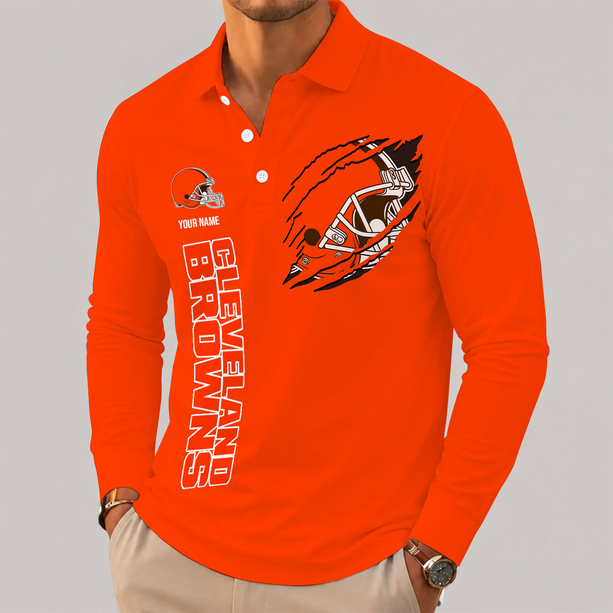 [SPECIAL OFFER] NEW CUSTOMIZED NFL29 CLB CLEVELAND BROWNS LONG SLEEVE POLO SHIRT