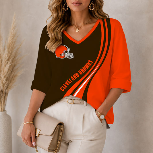 [SPECIAL OFFER] NEW CUSTOMIZED NFL29 CLB CLEVELAND BROWNS WOMEN'S HEART V-NECK LONG SLEEVE SHIRT