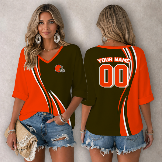 [SPECIAL OFFER] NEW CUSTOMIZED NFL29 CLB CLEVELAND BROWNS WOMEN'S HEART V-NECK LONG SLEEVE SHIRT