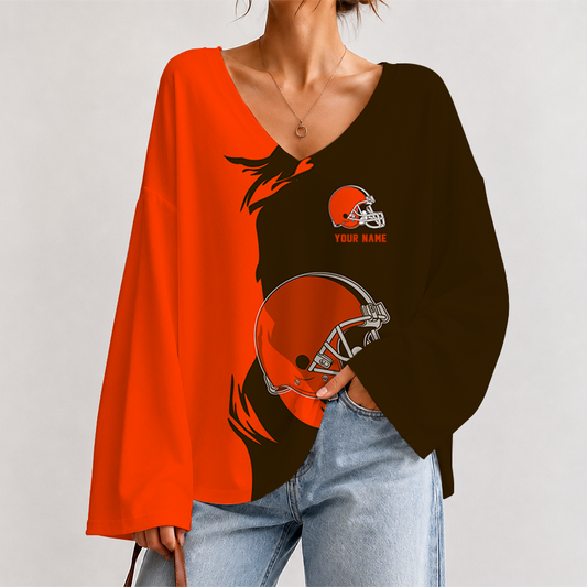 [SPECIAL OFFER] NEW CUSTOMIZED NFL29 CLB CLEVELAND BROWNSV NECK LONG SLEEVED CROP TOP