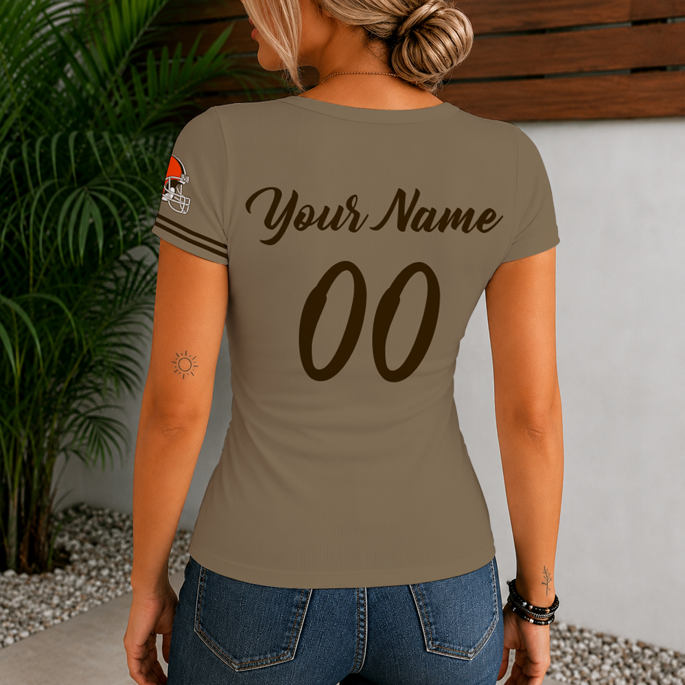 [SPECIAL OFFER] NEW CUSTOMIZED NFL29 CLB CLEVELAND BROWNS WOMEN'S SHORT SLEEVE HENLEY T-SHIRT