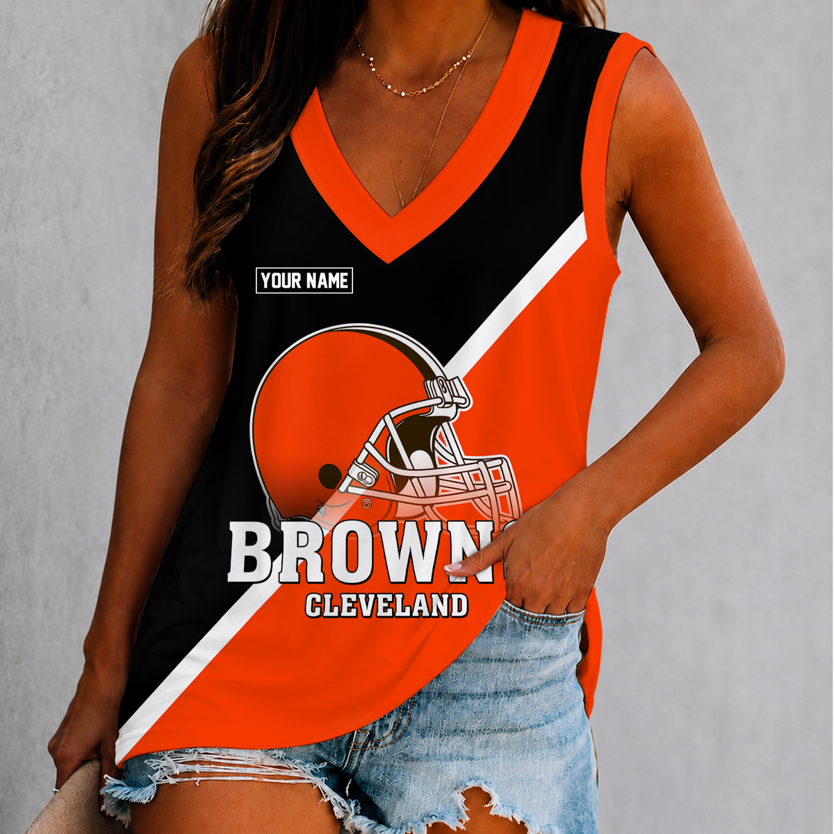 [SPECIAL OFFER] NEW CUSTOMIZED NFL29 CLB CLEVELAND KHAKIS WOMEN'S V-NECK TANK TOP