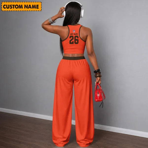 [SPECIAL OFFER] NEW CUSTOMIZED NFL29 CLB CLEVELAND BROWNS WOMEN'S CROP TOP & LONGPANTS SET