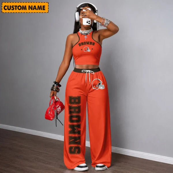 [SPECIAL OFFER] NEW CUSTOMIZED NFL29 CLB CLEVELAND BROWNS WOMEN'S CROP TOP & LONGPANTS SET