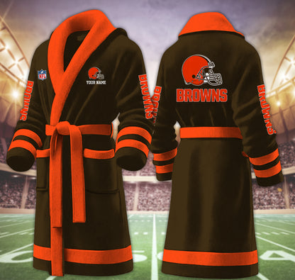 [SPECIAL OFFER] NEW CUSTOMIZED NFL29 CLB CLEVELAND BROWNS MULTICOLOR FLEECE BATHROBE