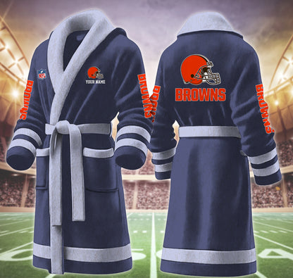 [SPECIAL OFFER] NEW CUSTOMIZED NFL29 CLB CLEVELAND BROWNS MULTICOLOR FLEECE BATHROBE