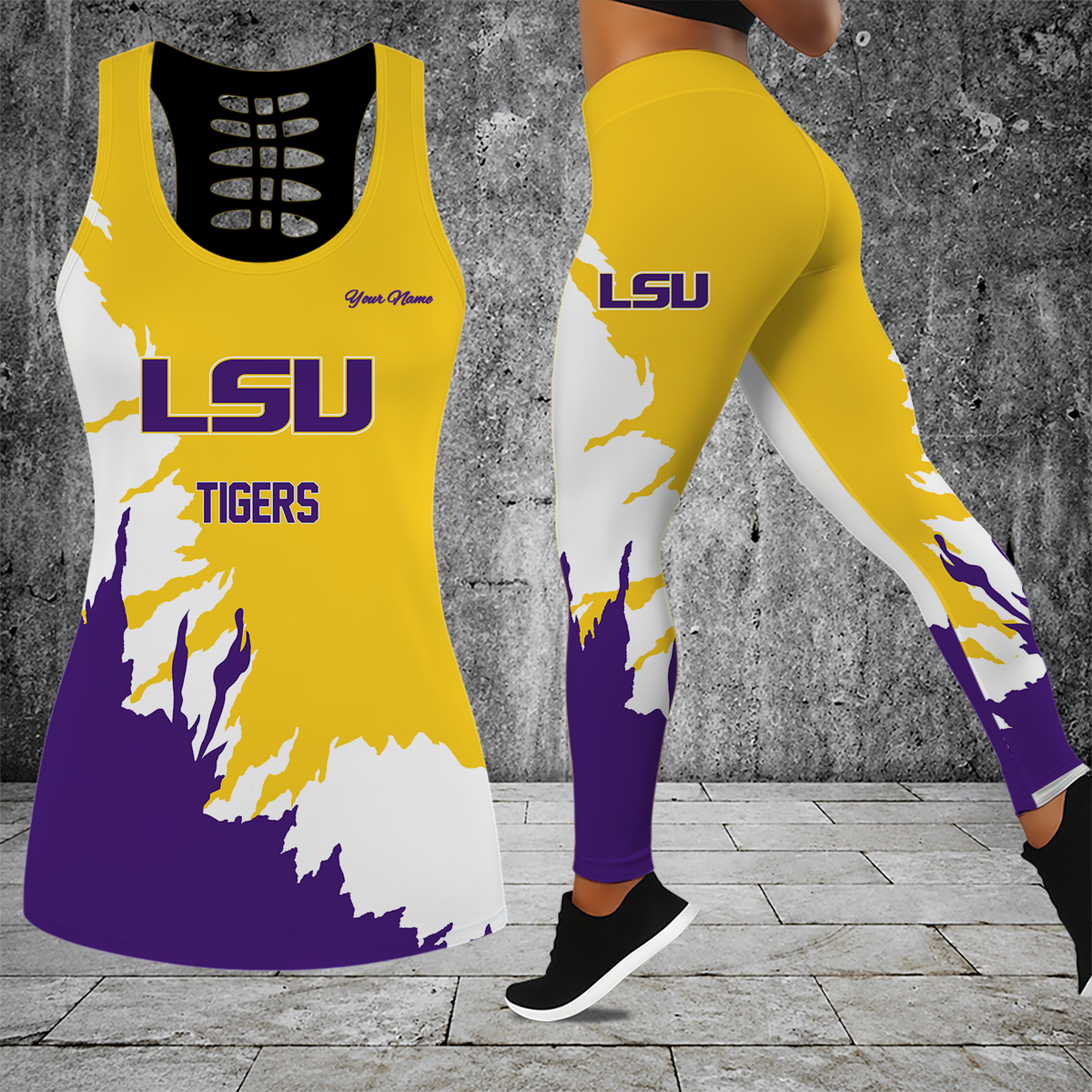 [FAN FAVORITE] NEW CUSTOMIZED NCAA FBS29 LST LSU TIGERS HOLLOW TANK TOP & LEGGINGS SET