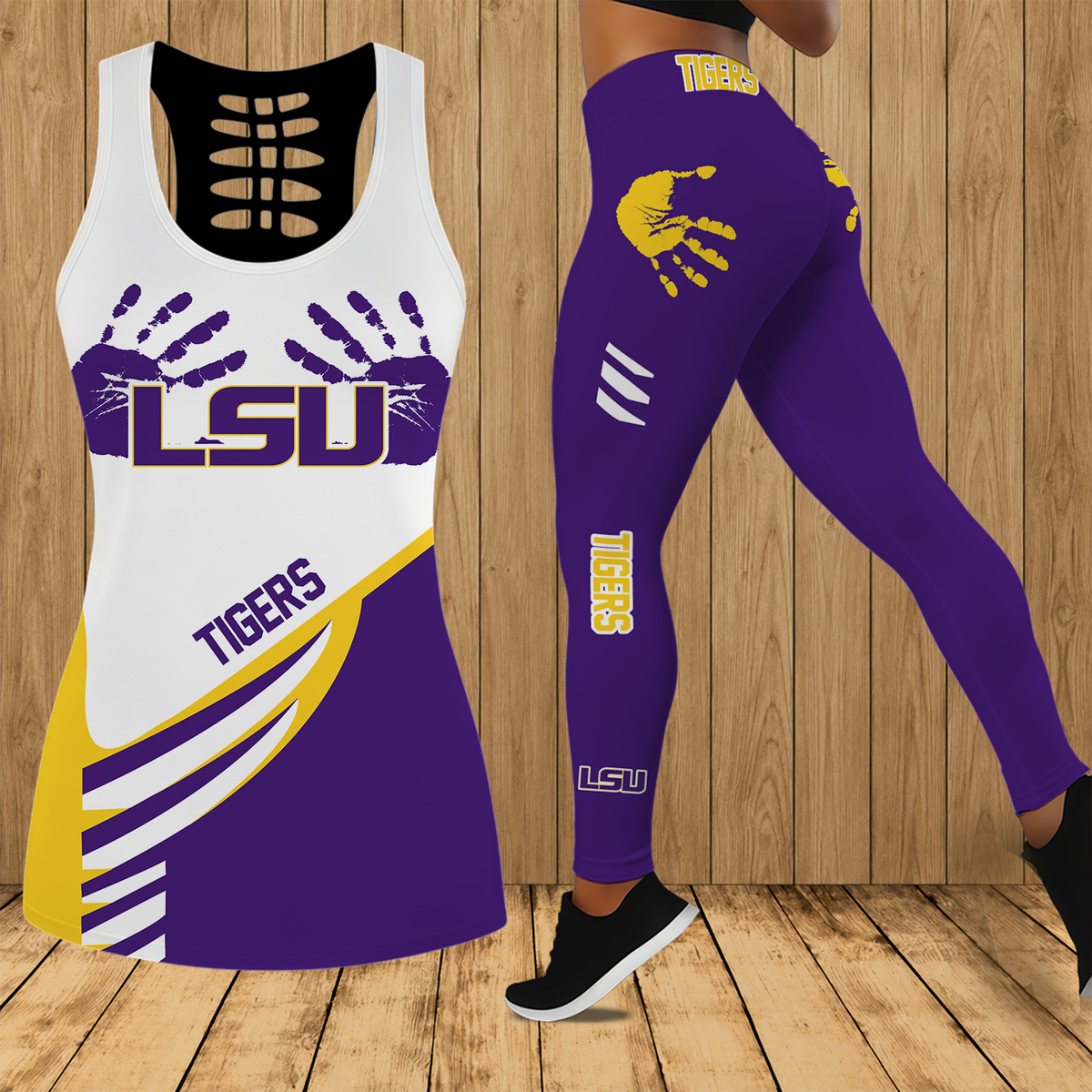 [FAN FAVORITE] NEW CUSTOMIZED NCAA FBS29 LST LSU TIGERS HOLLOW TANK TOP & LEGGINGS SET