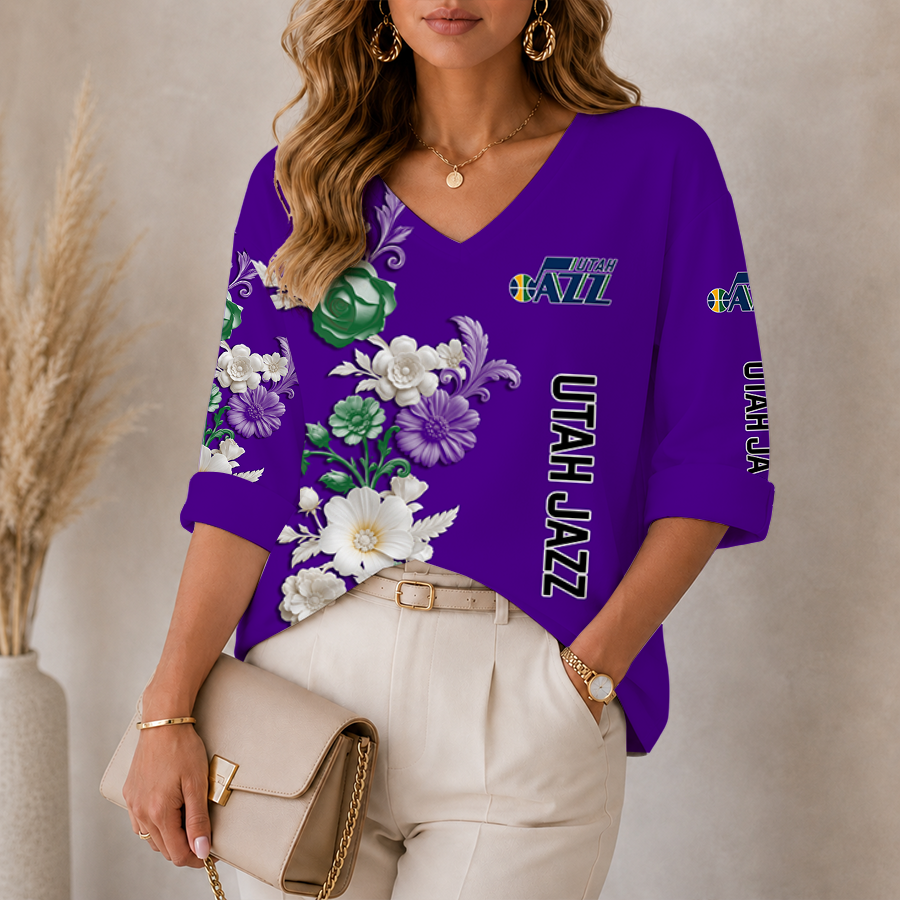 LIMITED EDITION - NEW CUSTOMIZED NBA29 UJZ UTAH JAZZ WOMEN'S V-NECK LONG SLEEVE SHIRT