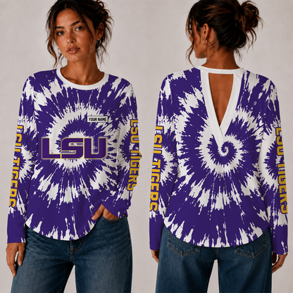 [FAN FAVORITE] NEW CUSTOMIZED NCAA FBS29 LST LSU TIGERS WOMEN'S BACK V-CUT LONG-SLEEVE SHIRT