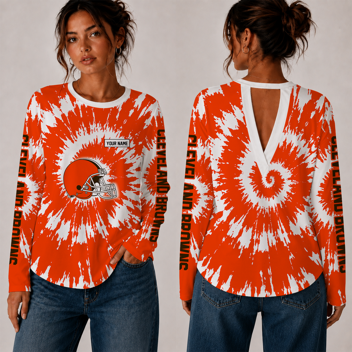 [SPECIAL OFFER] NEW CUSTOMIZED NFL29 CLB CLEVELAND BROWNS WOMEN'S BACK V-CUT LONG-SLEEVE SHIRT