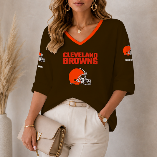 [SPECIAL OFFER] NEW CUSTOMIZED NFL29 CLB CLEVELAND BROWNS WOMEN'S HEART V-NECK LONG SLEEVE SHIRT