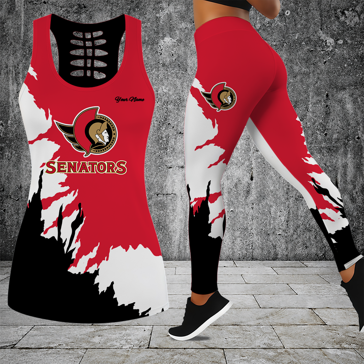 [SUPER SALE] NEW CUSTOMIZED NHL29 OSN OTTAWA SENATORS HOLLOW TANK TOP & LEGGINGS SET