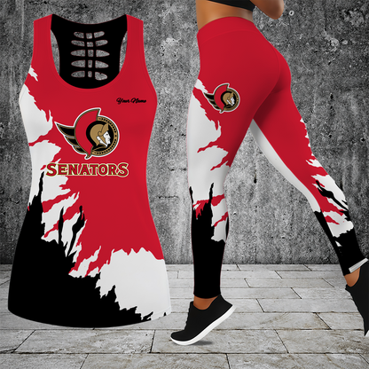 [SUPER SALE] NEW CUSTOMIZED NHL29 OSN OTTAWA SENATORS HOLLOW TANK TOP & LEGGINGS SET