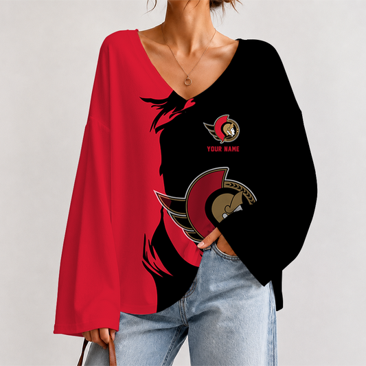 [SUPER SALE] NEW CUSTOMIZED NHL29 OSN OTTAWA SENATORS V-NECK LONG SLEEVED CROP TOP