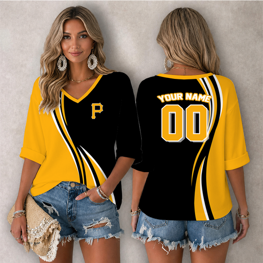 [FLASH SALE] NEW CUSTOMIZED MLB29 PHP PITTSBURGH PIRATES WOMEN'S HEART V-NECK LONG SLEEVE SHIRT