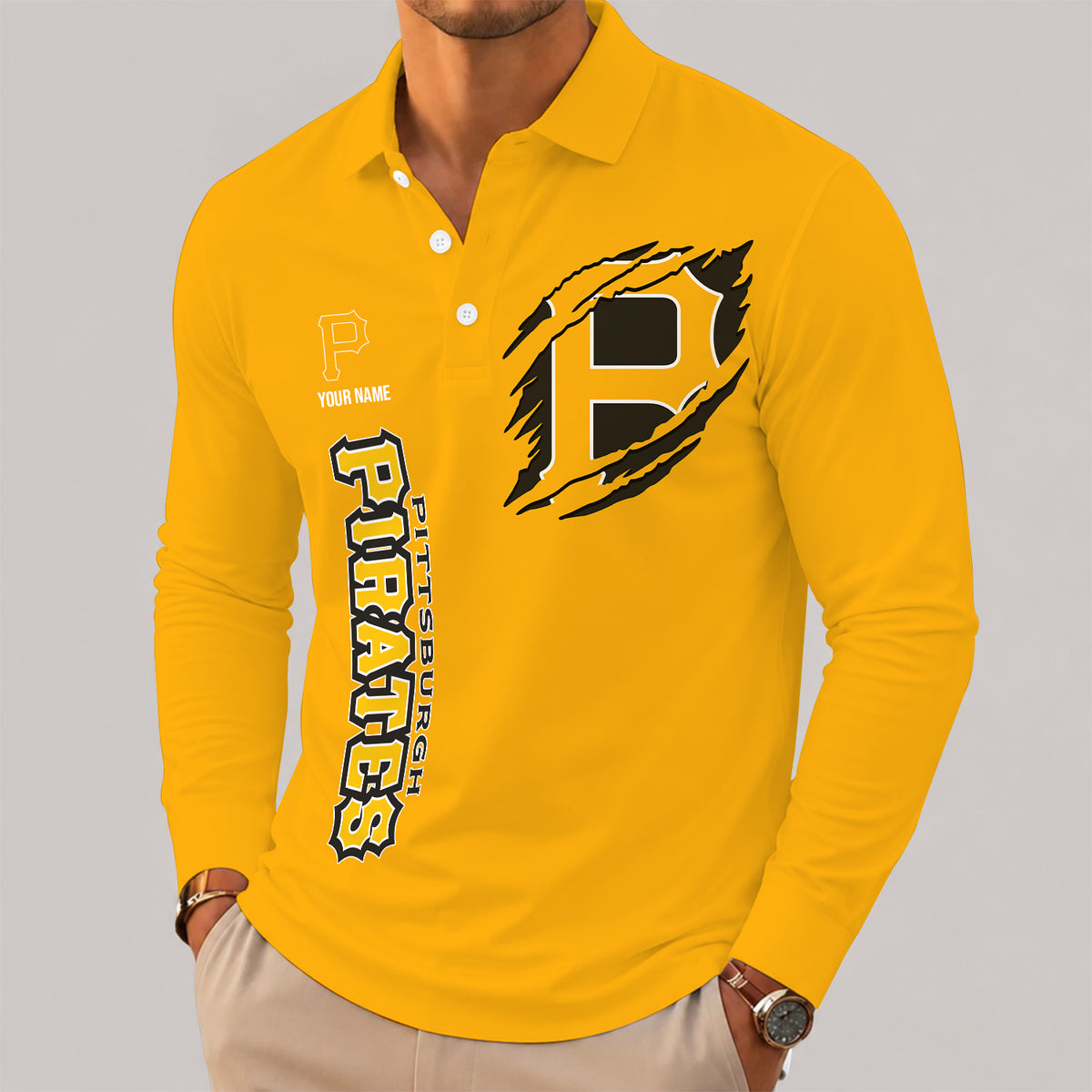[FLASH SALE] NEW CUSTOMIZED MLB29 PHP PITTSBURGH PIRATES MEN'S LONG SLEEVE POLO