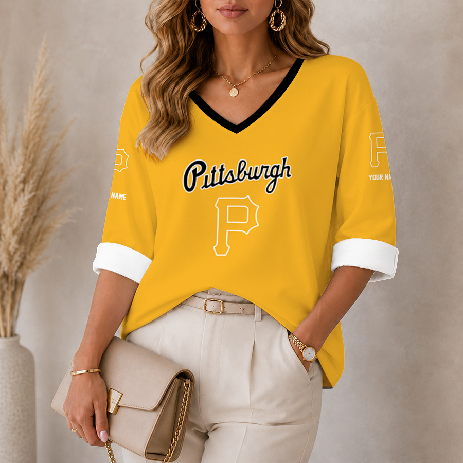 [FLASH SALE] NEW CUSTOMIZED MLB29 PHP PITTSBURGH PIRATES WOMEN'S HEART V-NECK LONG SLEEVE SHIRT