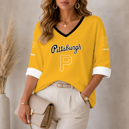 [FLASH SALE] NEW CUSTOMIZED MLB29 PHP PITTSBURGH PIRATES WOMEN'S HEART V-NECK LONG SLEEVE SHIRT