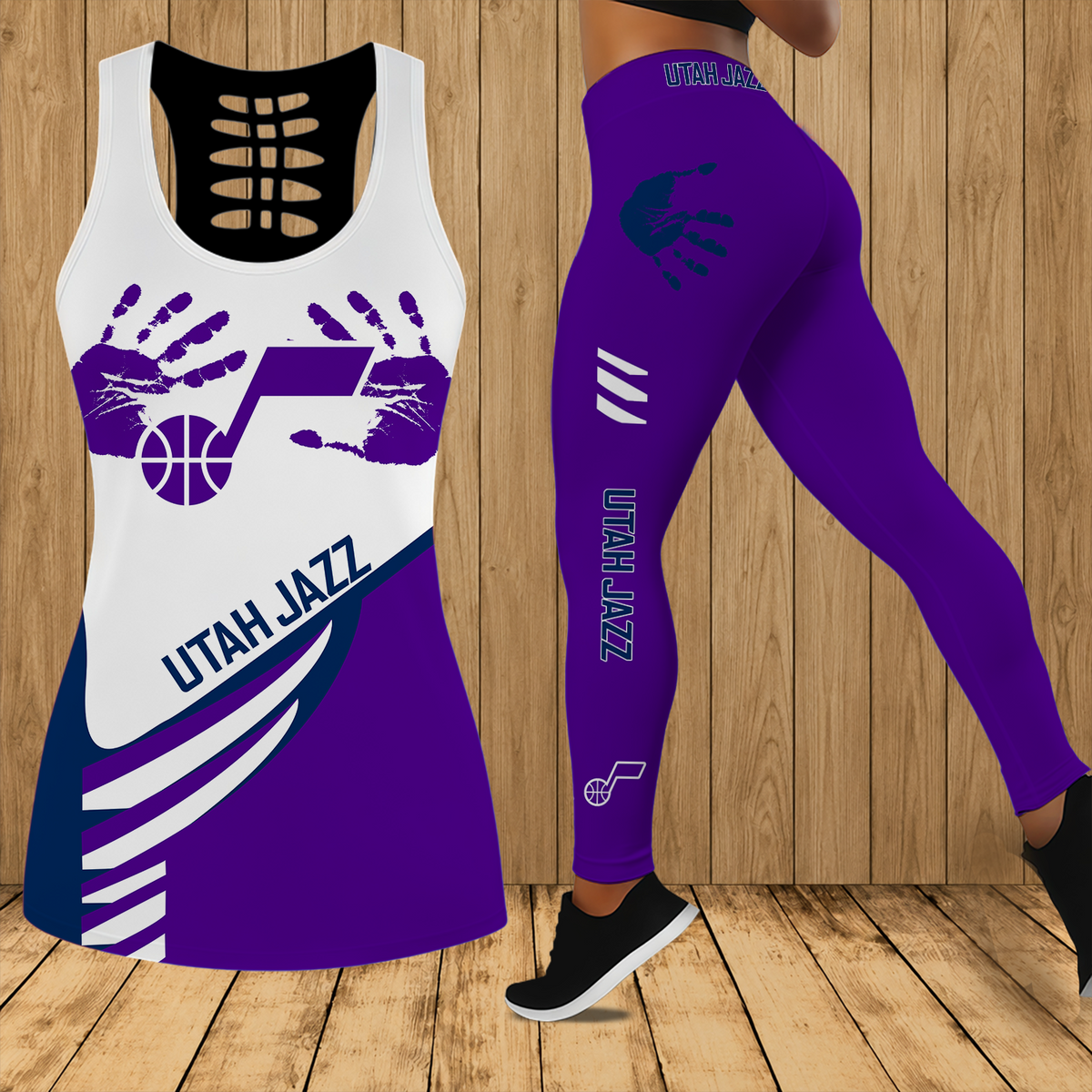 [HOT DEAL] NEW CUSTOMIZED NBA29 UJZ UTAH JAZZ HOLLOW TANK TOP & LEGGINGS SET