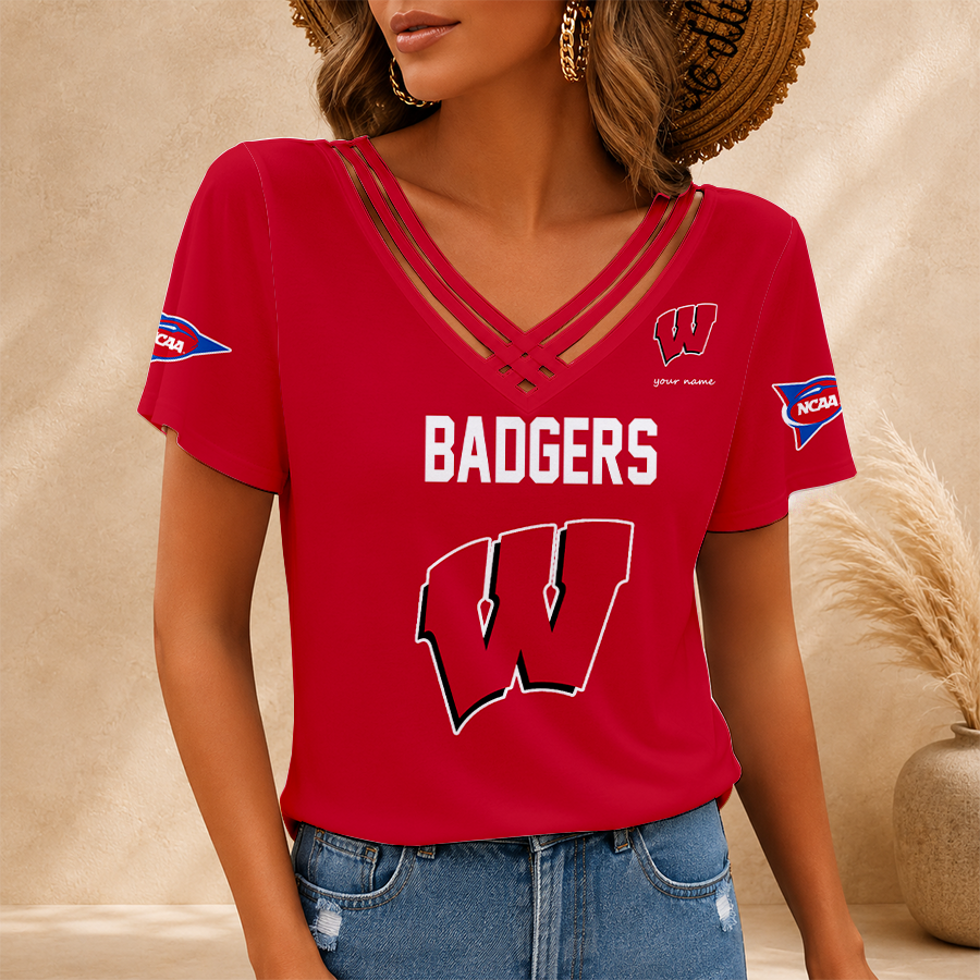 [FAN FAVORITE] NEW CUSTOMIZED NCAA MAM29 WSB WISCONSIN BADGERS V-NECK SHIRT