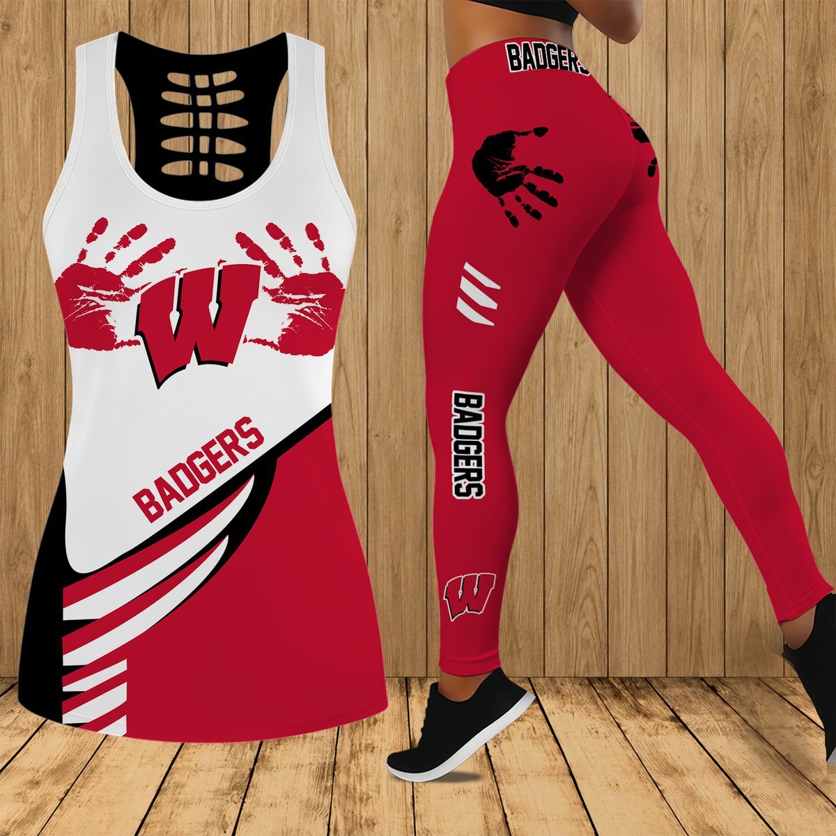 [FAN FAVORITE] NEW CUSTOMIZED NCAA MAM29 WSB WISCONSIN BADGERS STRAPPY HOLLOW TANK TOP & LEGGINGS SET