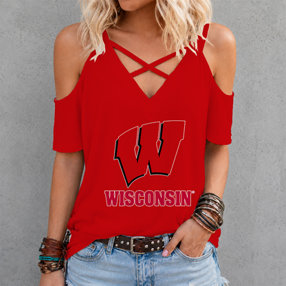 [FAN FAVORITE] NEW CUSTOMIZED NCAA MAM29 WSB WISCONSIN BADGERS CRISS CROSS V-NECK TOP