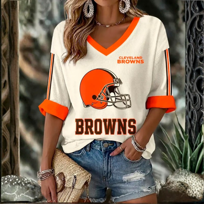 [SPECIAL OFFER] NEW CUSTOMIZED NFL29 CLB CLEVELAND BROWNS WOMEN'S HEART V-NECK LONG SLEEVE SHIRT
