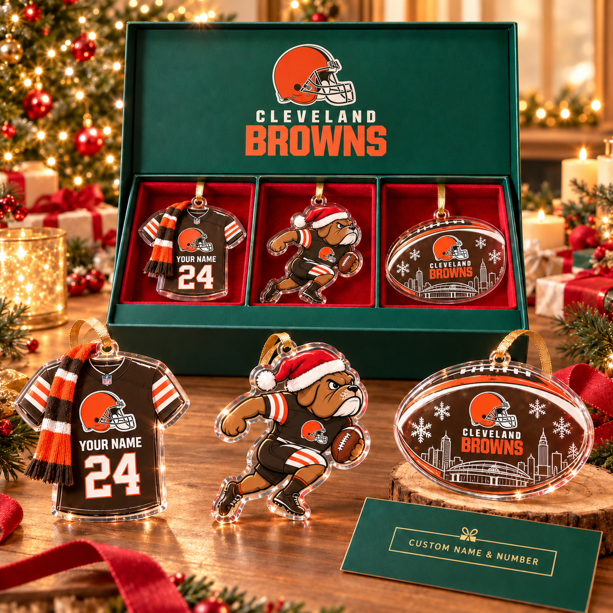 [FULL SET 3 ITEMS - NO BOX] NEW CUSTOMIZED NFL29 CLB CLEVELAND BROWNS CHRISTMAS ACRYLIC ORNAMENT