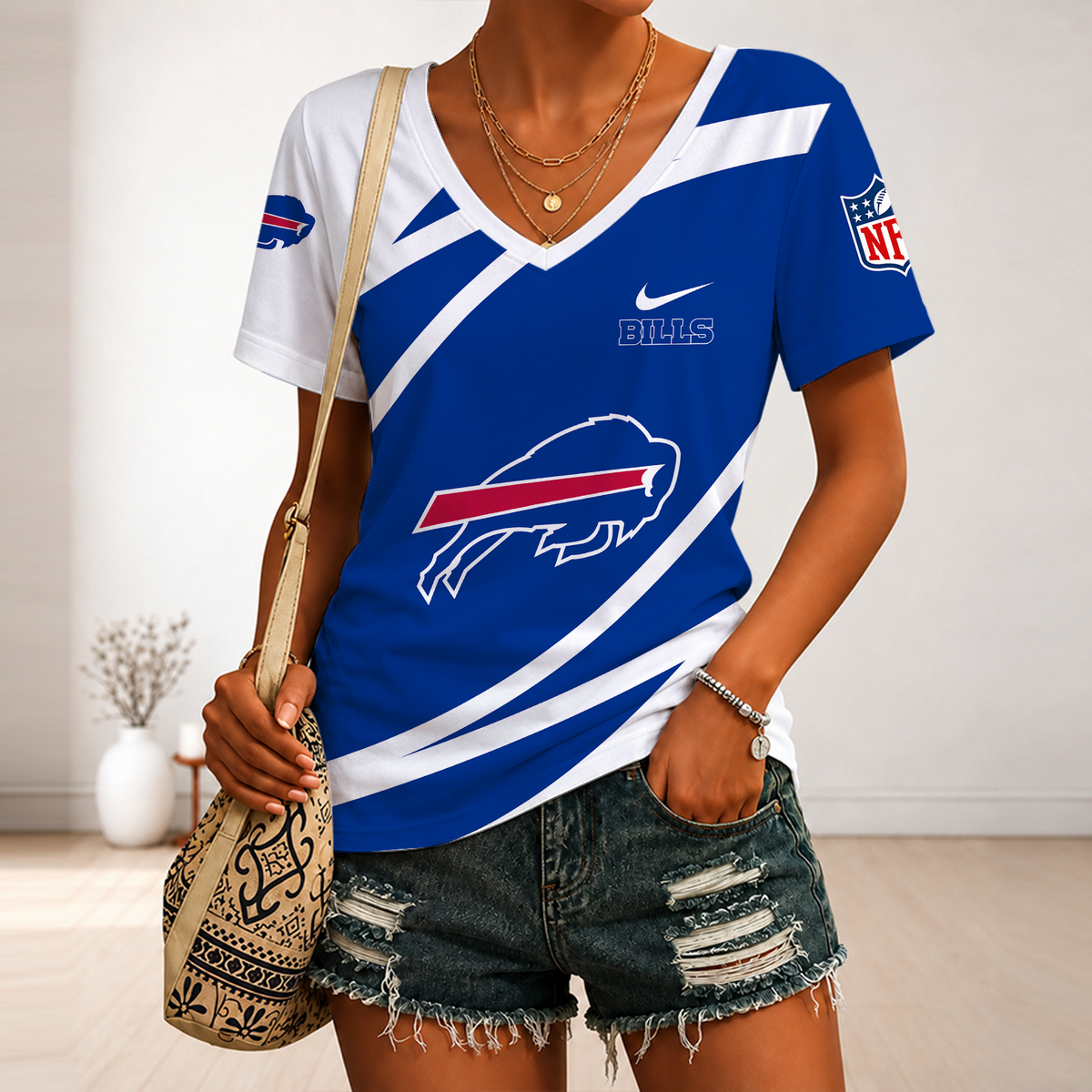 [SPECIAL OFFER] NEW CUSTOMIZED NFL03 BFB BUFFALO BILLS V-NECK FEMALE SHIRT
