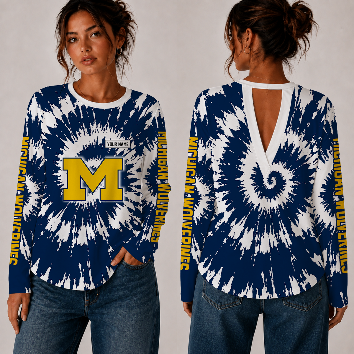 [FAN FAVORITE] NEW CUSTOMIZED NCAA FBS03 MIW MICHIGAN WOLVERINES WOMEN'S BACK V-CUT LONG-SLEEVE SHIRT