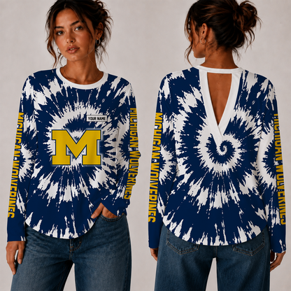 [FAN FAVORITE] NEW CUSTOMIZED NCAA FBS03 MIW MICHIGAN WOLVERINES WOMEN'S BACK V-CUT LONG-SLEEVE SHIRT
