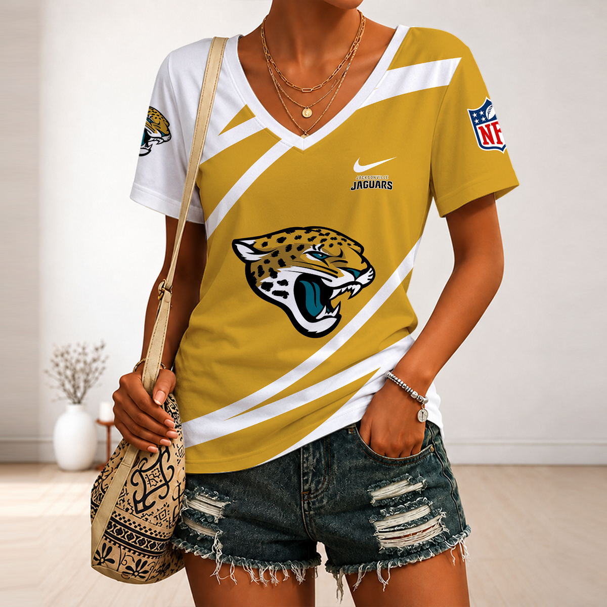 [SPECIAL OFFER] NEW CUSTOMIZED NFL30 JSJ JACKSONVILLE JAGUARS V-NECK FEMALE SHIRT
