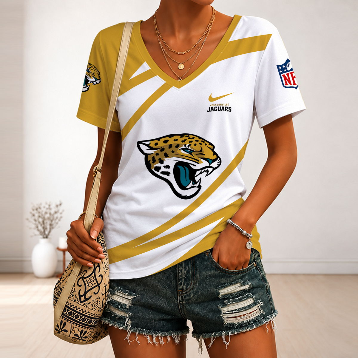 [SPECIAL OFFER] NEW CUSTOMIZED NFL30 JSJ JACKSONVILLE JAGUARS V-NECK FEMALE SHIRT