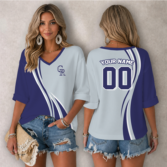 [FLASH SALE] NEW CUSTOMIZED MLB30 COR COLORADO ROCKIES WOMEN'S HEART V-NECK LONG SLEEVE SHIRT