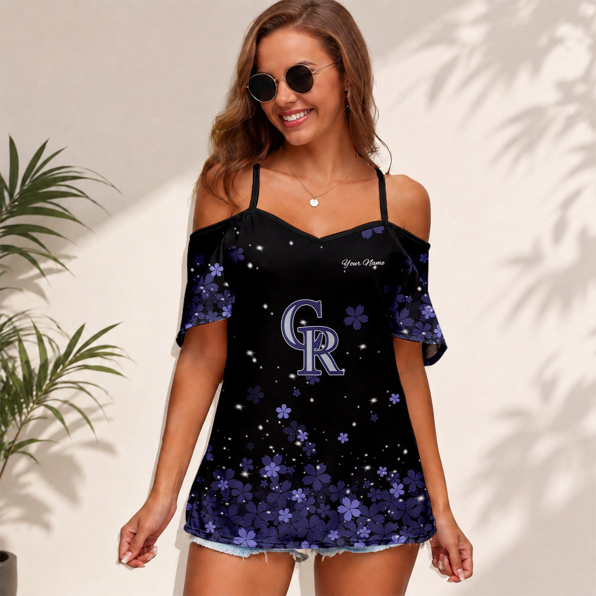 [FLASH SALE] NEW CUSTOMIZED MLB30 COR COLORADO ROCKIES WOMEN'S STRAPPY OFF-SHOULDER TOP