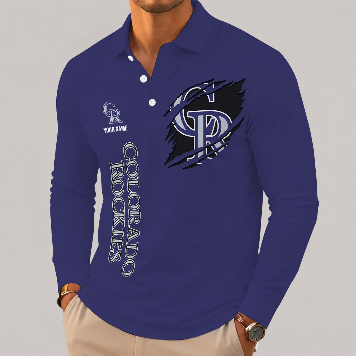 [FLASH SALE] NEW CUSTOMIZED MLB30 COR COLORADO ROCKIES MEN'S LONG SLEEVE POLO
