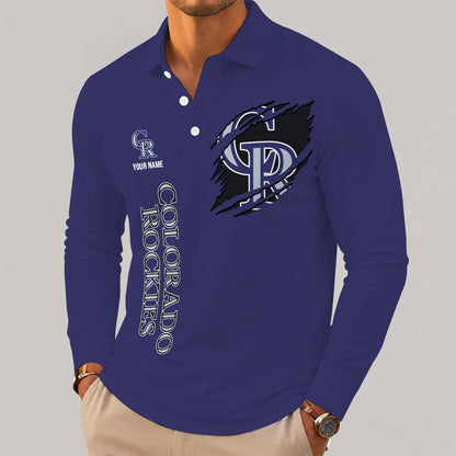[FLASH SALE] NEW CUSTOMIZED MLB30 COR COLORADO ROCKIES MEN'S LONG SLEEVE POLO