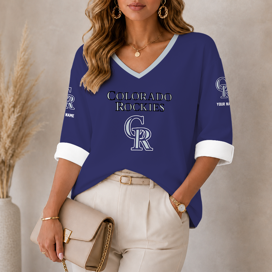 [FLASH SALE] NEW CUSTOMIZED MLB30 COR COLORADO ROCKIES WOMEN'S HEART V-NECK LONG SLEEVE SHIRT