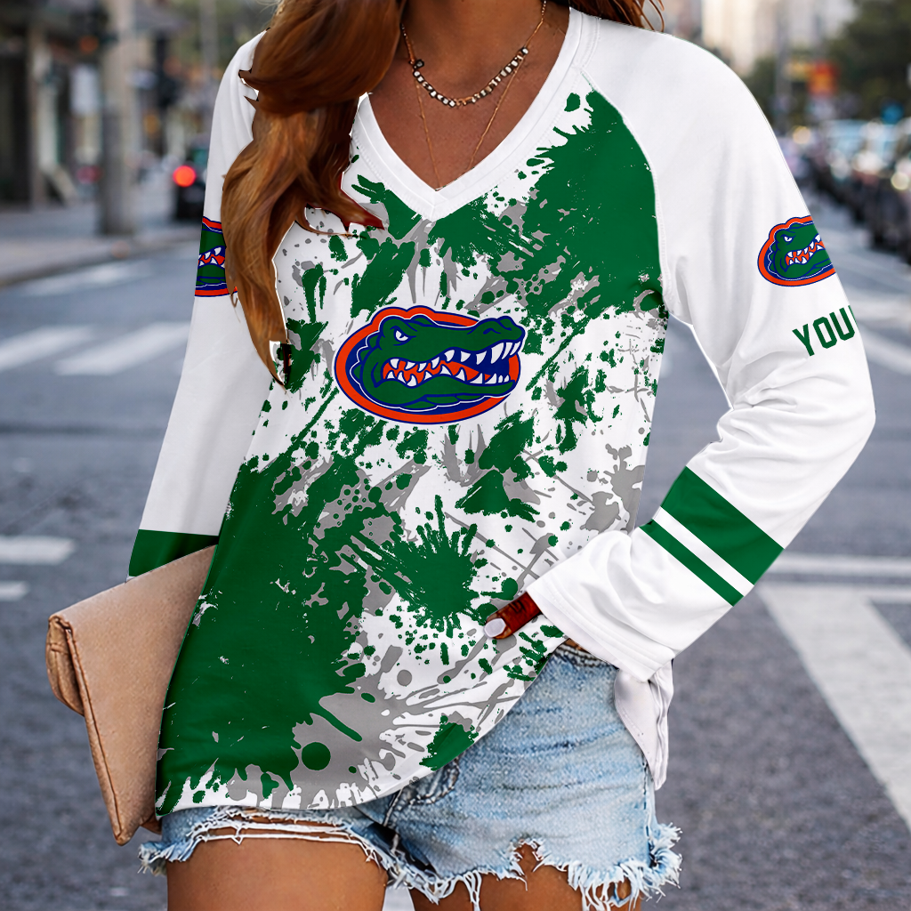 [FAN FAVORITE] NEW CUSTOMIZED NCAA FBS30 FLG FLORIDA GATORS WOMEN'S V-NECK LONG SLEEVED SHIRT
