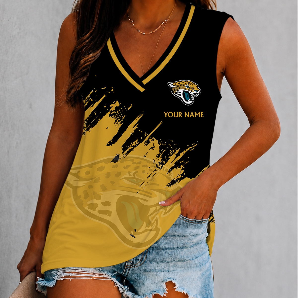 [SPECIAL OFFER] NEW CUSTOMIZED NFL30 JSJ JACKSONVILLE JAGUARS WOMEN'S V-NECK TANK TOP