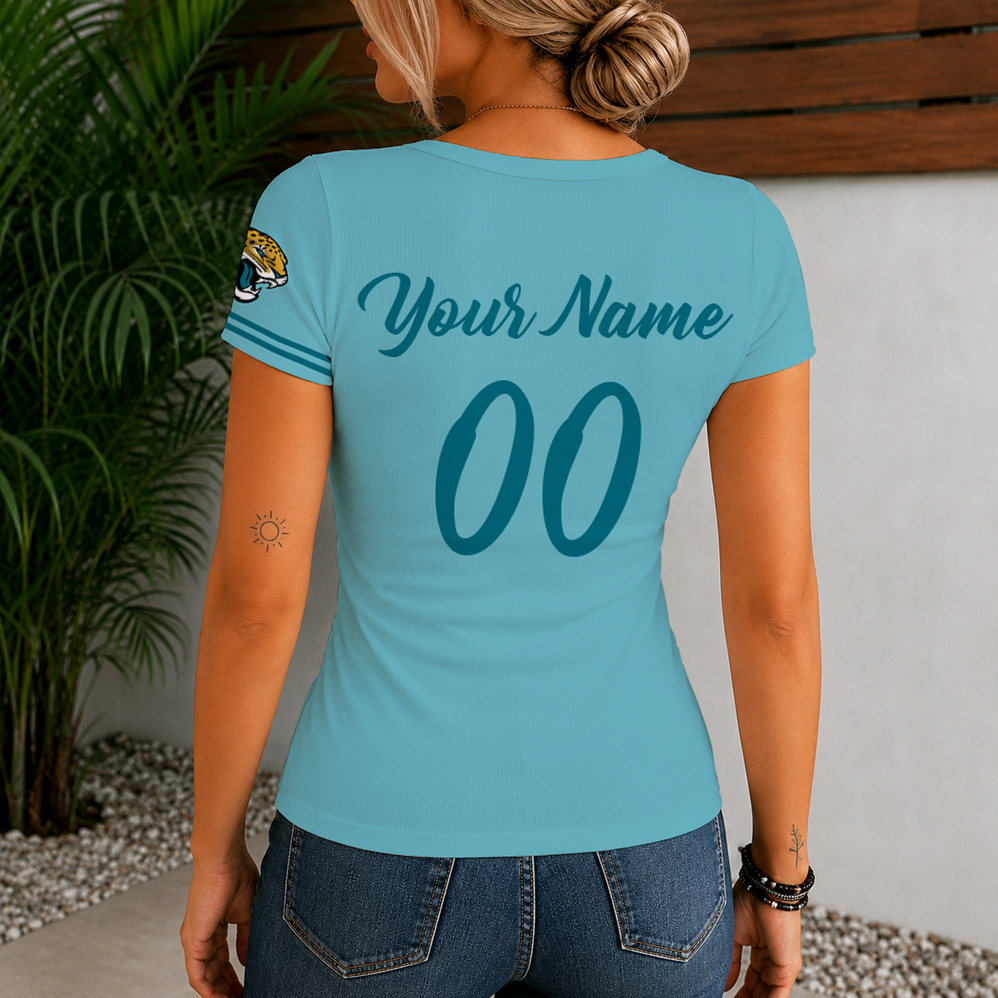 [SPECIAL OFFER] NEW CUSTOMIZED NFL30 JSJ JACKSONVILLE JAGUARS WOMEN'S SHORT SLEEVE HENLEY T-SHIRT