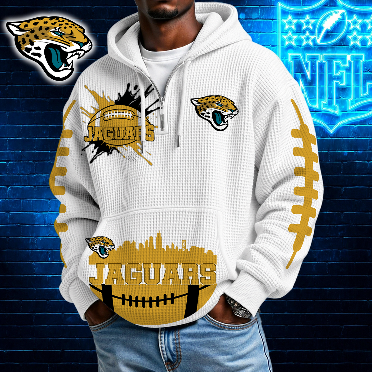 [SPECIAL OFFER] NEW CUSTOMIZED NFL30 JSJ JACKSONVILLE JAGUARS WAFFLE FULL ZIP HOODIE