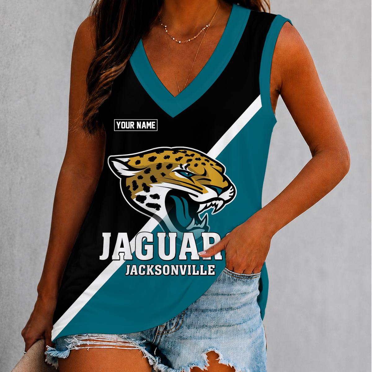 [SPECIAL OFFER] NEW CUSTOMIZED NFL30 JSJ JACKSONVILLE JAGUARS WOMEN'S V-NECK TANK TOP