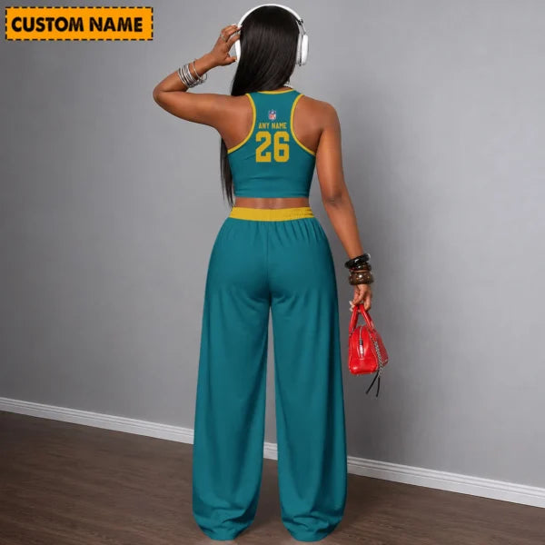 [SPECIAL OFFER] NEW CUSTOMIZED NFL30 JSJ JACKSONVILLE JAGUARS WOMEN'S CROP TOP & LONGPANTS SET
