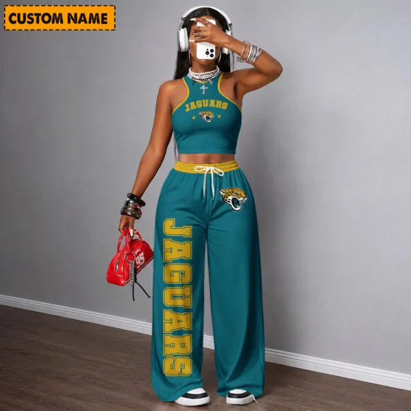 [SPECIAL OFFER] NEW CUSTOMIZED NFL30 JSJ JACKSONVILLE JAGUARS WOMEN'S CROP TOP & LONGPANTS SET