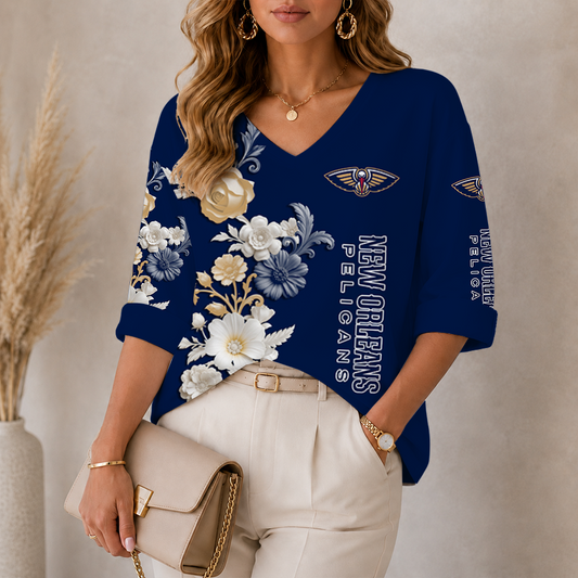 LIMITED EDITION - NEW CUSTOMIZED NBA30 NOP NEW ORLEANS PELICANS WOMEN'S V-NECK LONG SLEEVE SHIRT