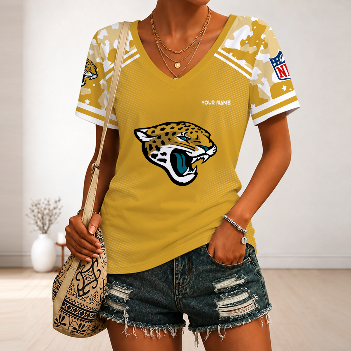 [SPECIAL OFFER] NEW CUSTOMIZED NFL30 JSJ JACKSONVILLE JAGUARS V-NECK FEMALE SHIRT