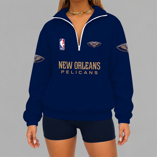 [HOT DEAL] NEW CUSTOMIZED NBA30 NOP NEW ORLEANS PELICANS V-NECK ZIPPER SWEATSHIRT JACKET