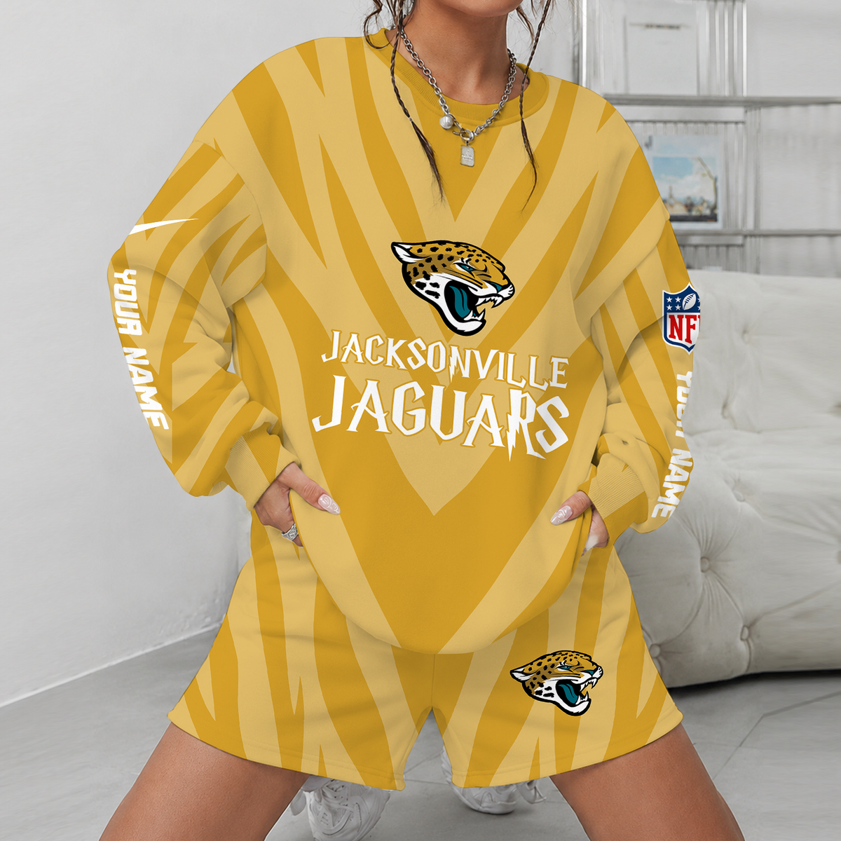 [SPECIAL OFFER] NEW CUSTOMIZED NFL30 JSJ JACKSONVILLE JAGUARS UNISEX SWEATSHIRT & SHORTS SET